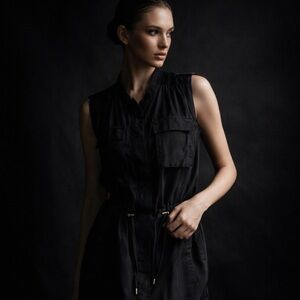 Kenneth Cole 100% Silk Black Utility Luxe Minimalist Chic Cinched Waist pockets